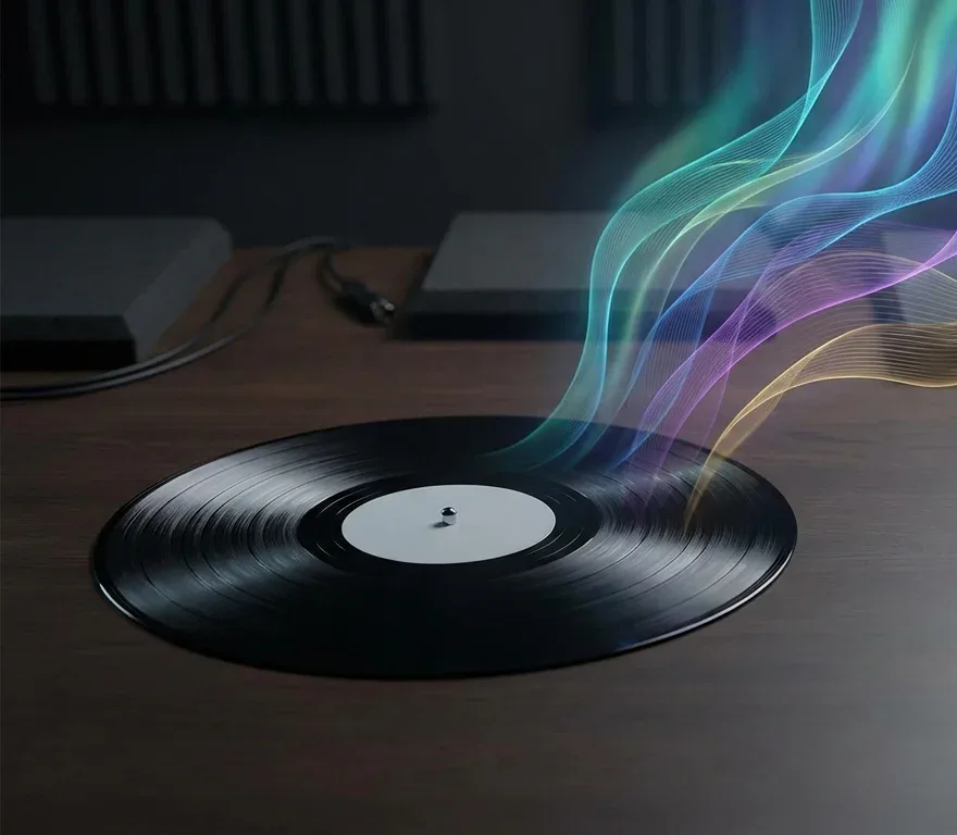 A vinyl record with sound waves rising from it