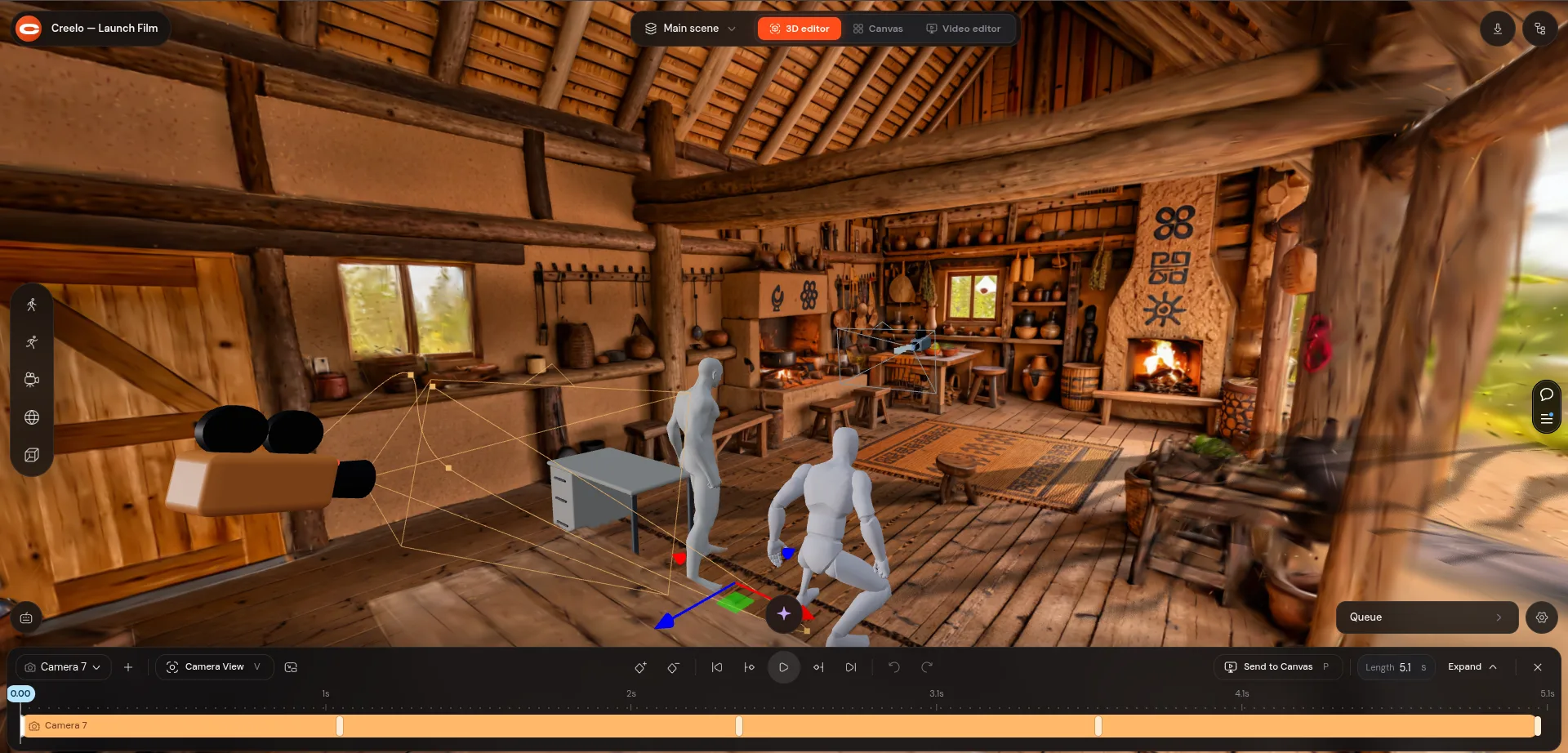 The 3D editor: a staged room with two characters and a camera path on the timeline