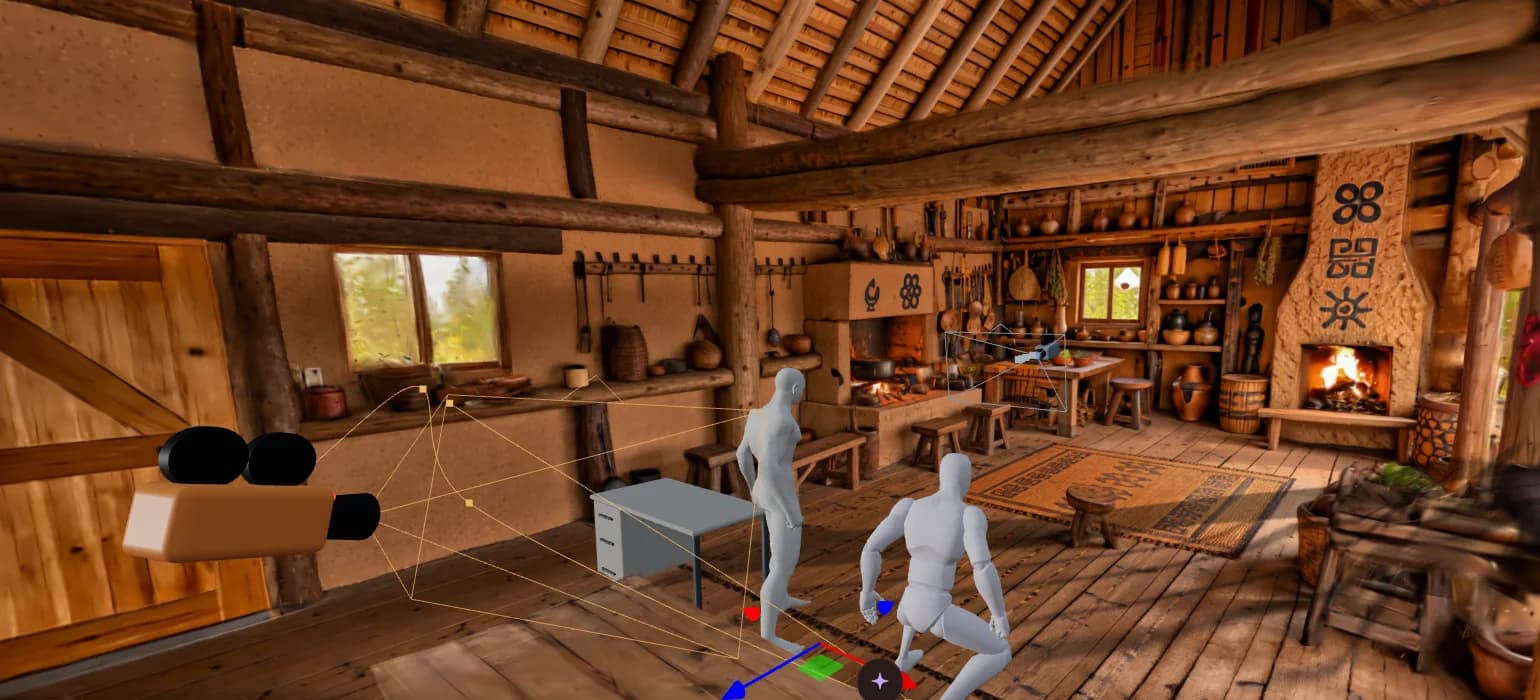 A staged scene with characters and a virtual camera in the 3D editor