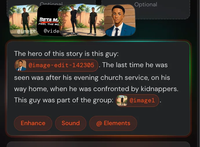 A Creelo prompt that references a character image and a location with @ mentions